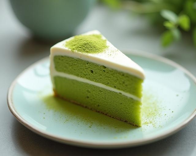 お皿に盛られた美しい抹茶のケーキ