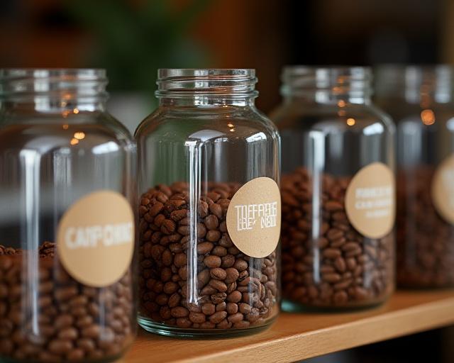 棚に並べられたコーヒー豆のレトロな瓶